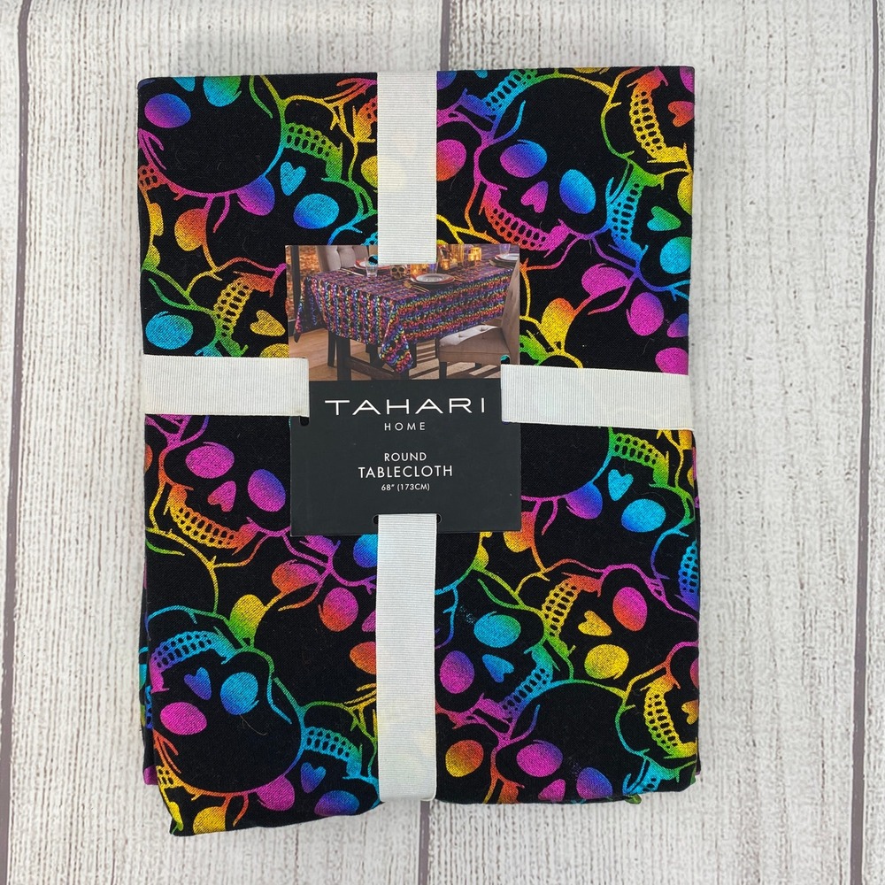 Tahari Home Tablecloth 68" Round Black Rainbow Skull Gothic Halloween Cotton